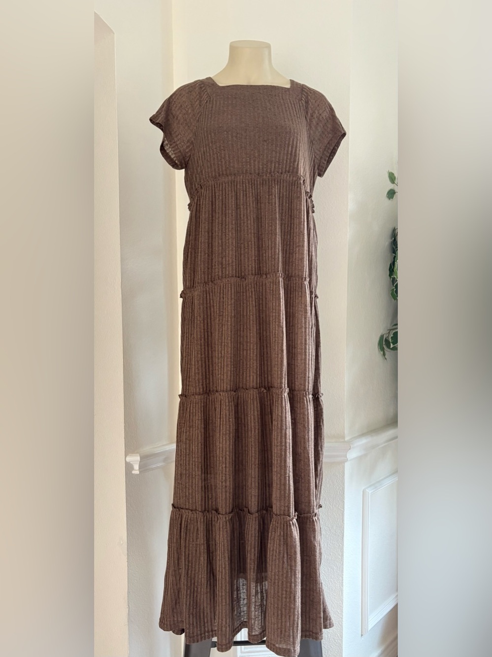 Listicle Brown Tiered Maxi Dress with Square Neck